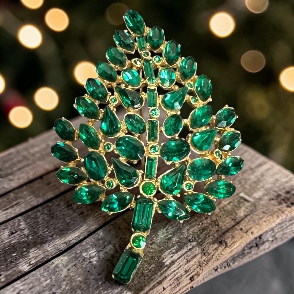 Green Rhinestone Gold Tone Leaf Pin Brooch 2.75"